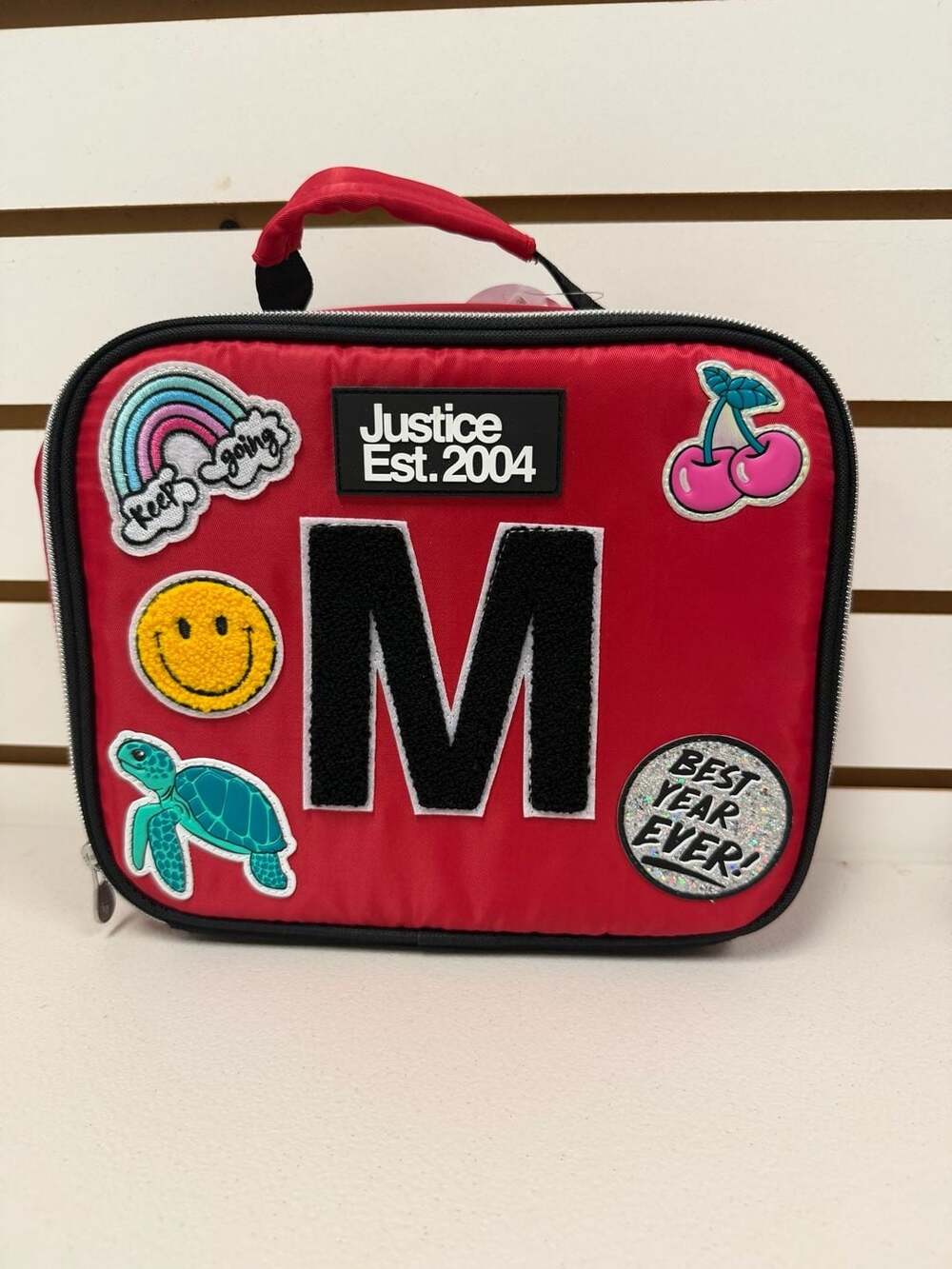 Justice Girls Red Patch Lunch Box with Initial M  NWT